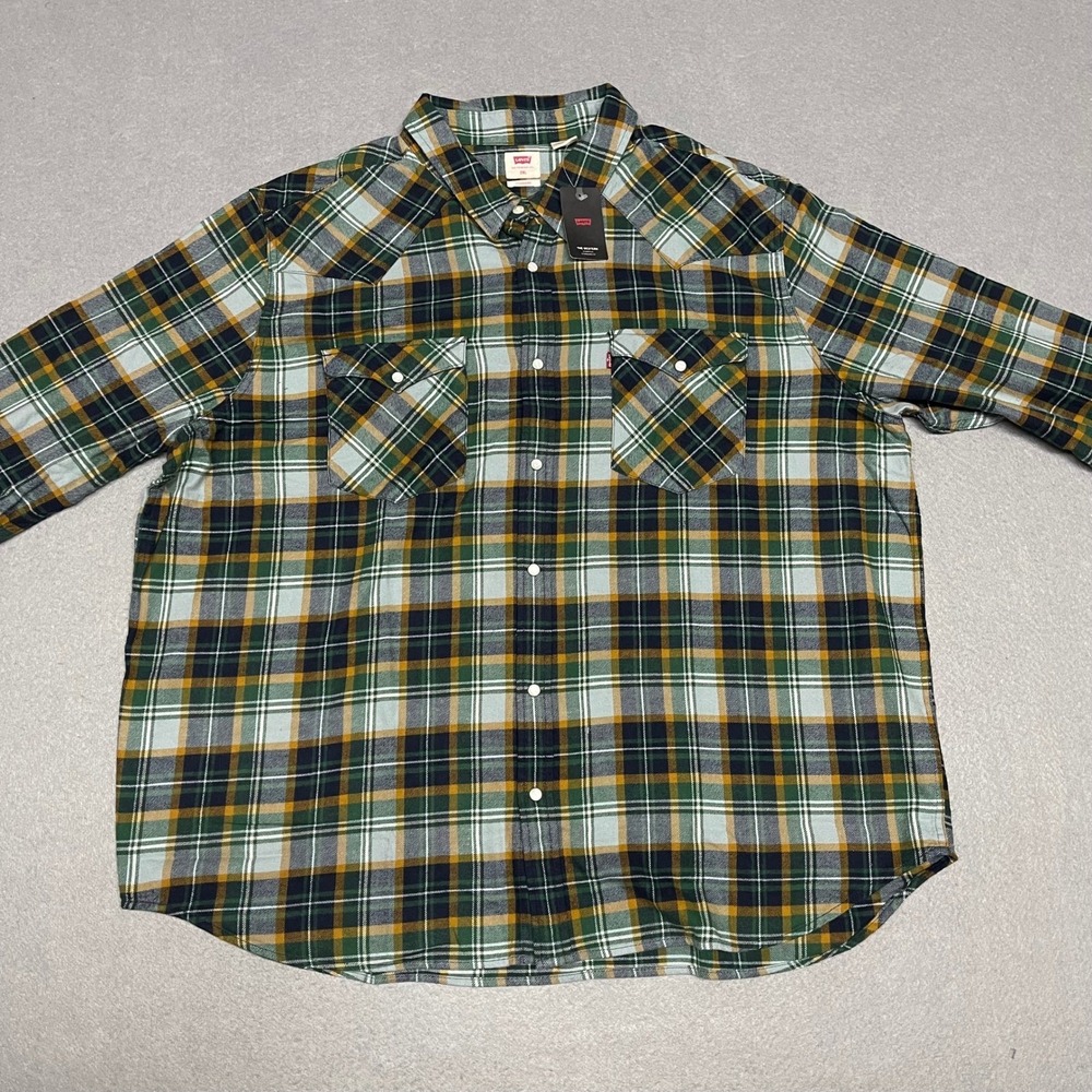 Levis Western Shirt Mens 3XL Julius Plaid Green Yellow Pearl Snap Cowboy Flannel